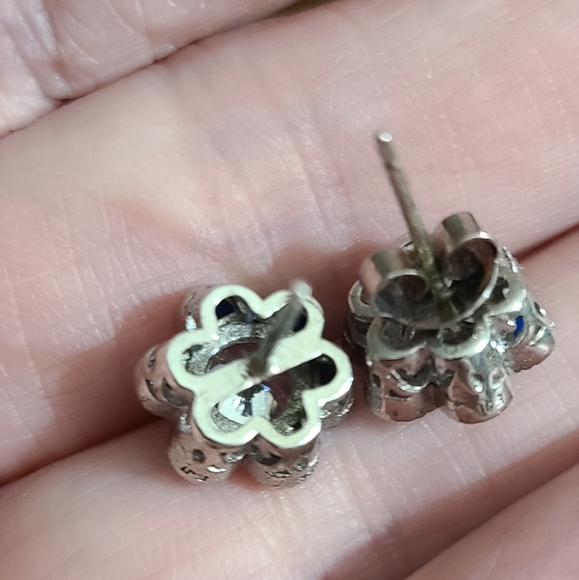 Tanzanite sterling silver earrings studs flowers CZ sparkly Tested estate - Picture 11 of 15